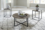 Wadeworth Two-Tone Table Set of 3 with round coffee table and two square end tables in living room