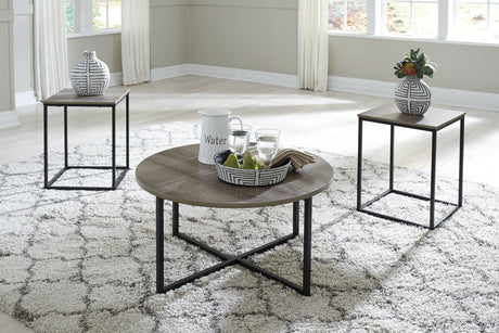 Wadeworth Two-Tone Table Set of 3 with round coffee table and two square end tables in living room