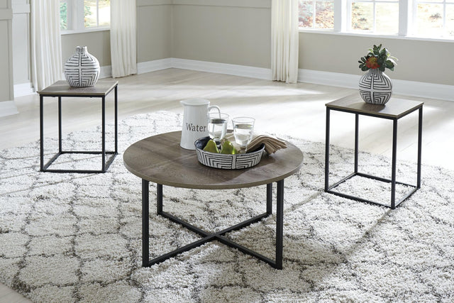 Wadeworth Two-Tone Table Set of 3 with round coffee table and two square end tables in living room