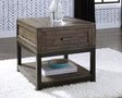 Johurst Grayish Brown End Table with drawer and lower shelf front angle