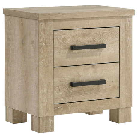 Oakglen 2-drawer nightstand in weathered oak finish, front angle