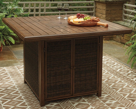 Paradise Trail Medium Brown Outdoor Bar Table with Fire Pit top view