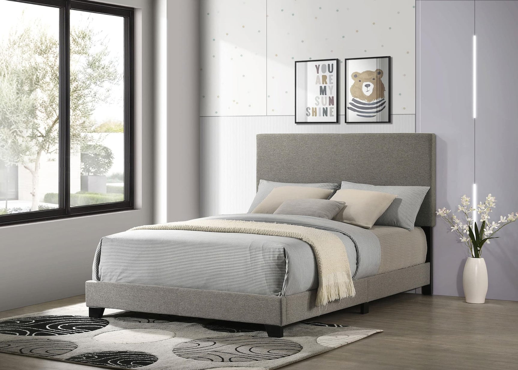Dorian taupe fabric upholstered full panel bed front view