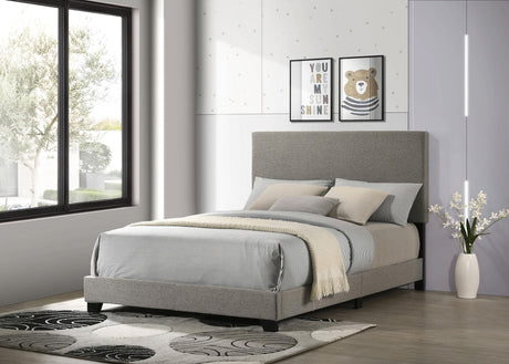 Dorian taupe fabric upholstered full panel bed front view