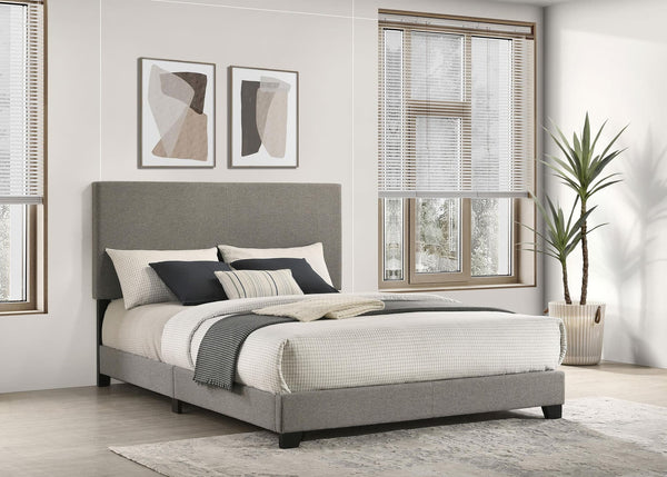 Dorian taupe fabric upholstered queen panel bed front angle