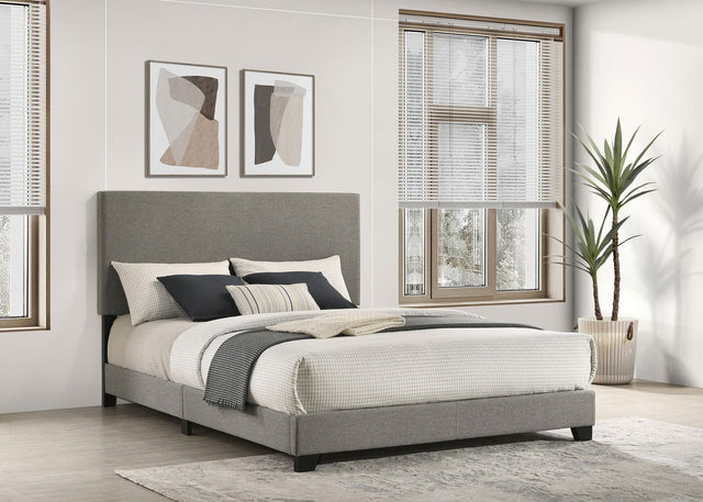 Dorian taupe fabric upholstered queen panel bed front angle