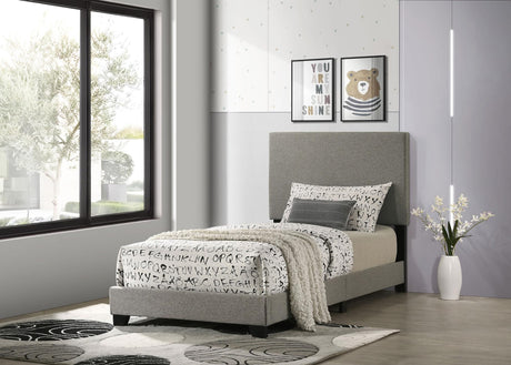 Dorian Taupe Fabric Upholstered Twin Panel Bed front view