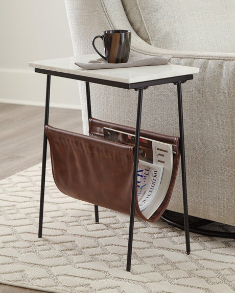 Etanbury Accent Table front angle showing white marble tabletop and brown faux leather magazine holder