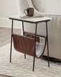 Etanbury Accent Table front angle showing white marble tabletop and brown faux leather magazine holder