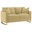 Corliss loveseat in camel velvet showing curved track arm