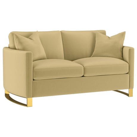 Corliss loveseat in camel velvet showing curved track arm