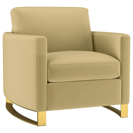 Corliss Upholstered Curved Track Arm Chair in camel velvet, front view