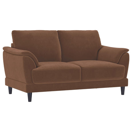 Selma Rust velvet upholstered loveseat angled front view
