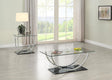 Danville coffee table with glass top and chrome metal base, angled front view
