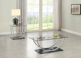 Danville coffee table with glass top and chrome metal base, angled front view