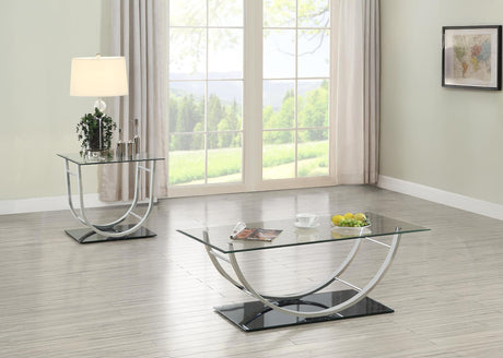Danville coffee table with glass top and chrome metal base, angled front view