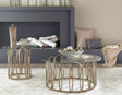 Monett coffee table with round clear tempered glass top and chocolate chrome geometric metal base