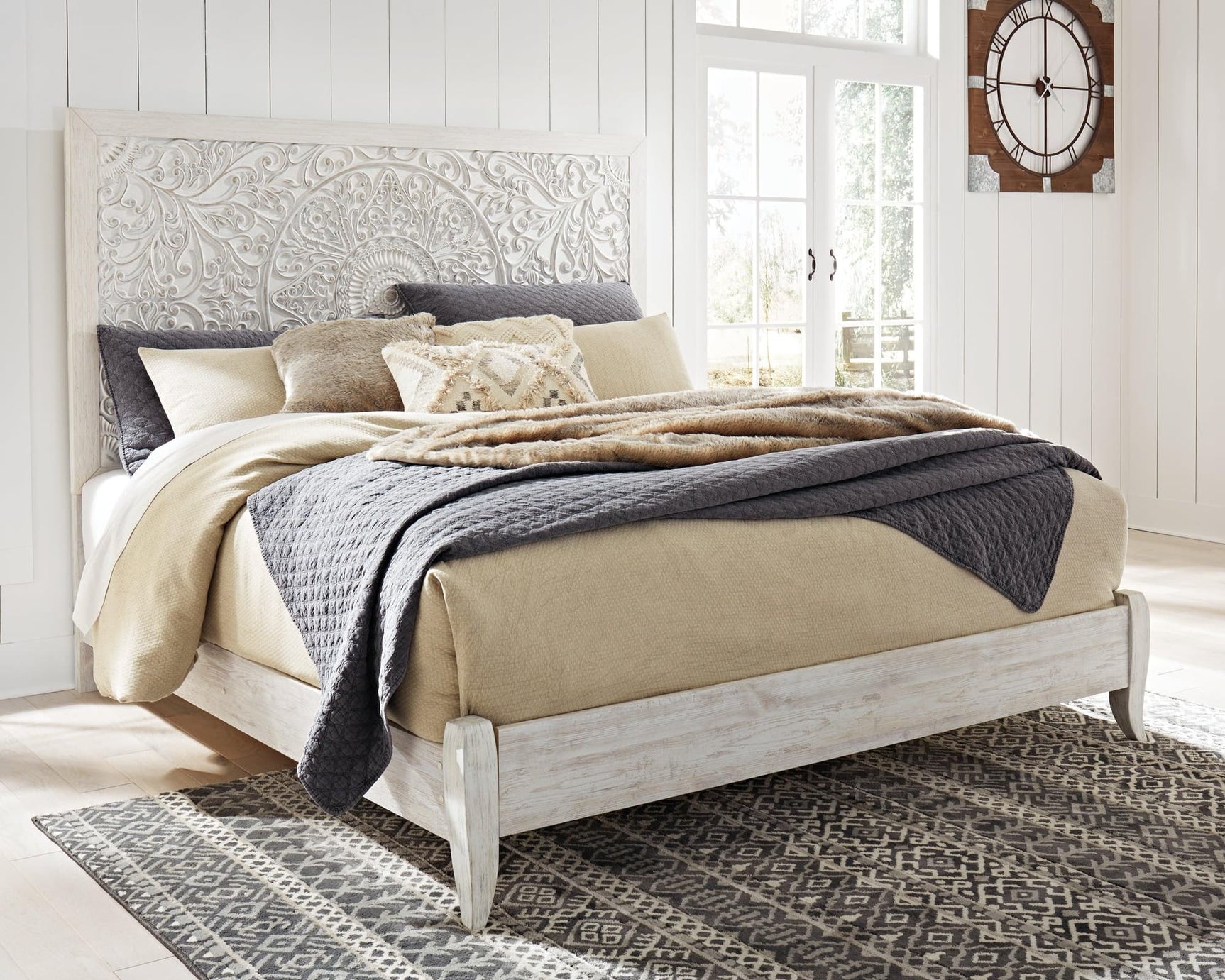 Paxberry Whitewash King Panel Bed front view with tall panel headboard