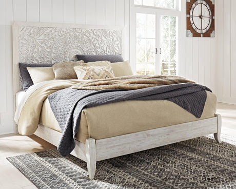 Paxberry Whitewash King Panel Bed front view with tall panel headboard