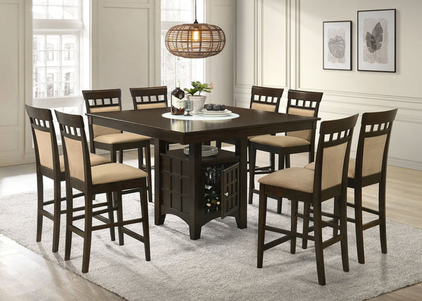 Gabriel Cappuccino square dining table with 6 upholstered back side chairs - side view