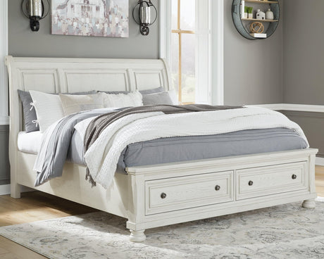 Robbinsdale Antique White Queen Sleigh Bed with Storage front angle