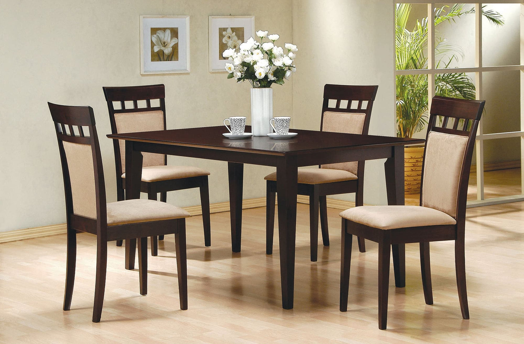 Gabriel Cappuccino upholstered back rectangular 59-inch dining table with four chairs - main view