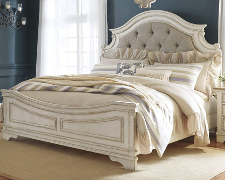 Realyn Chipped White King Upholstered Panel Bed front view
