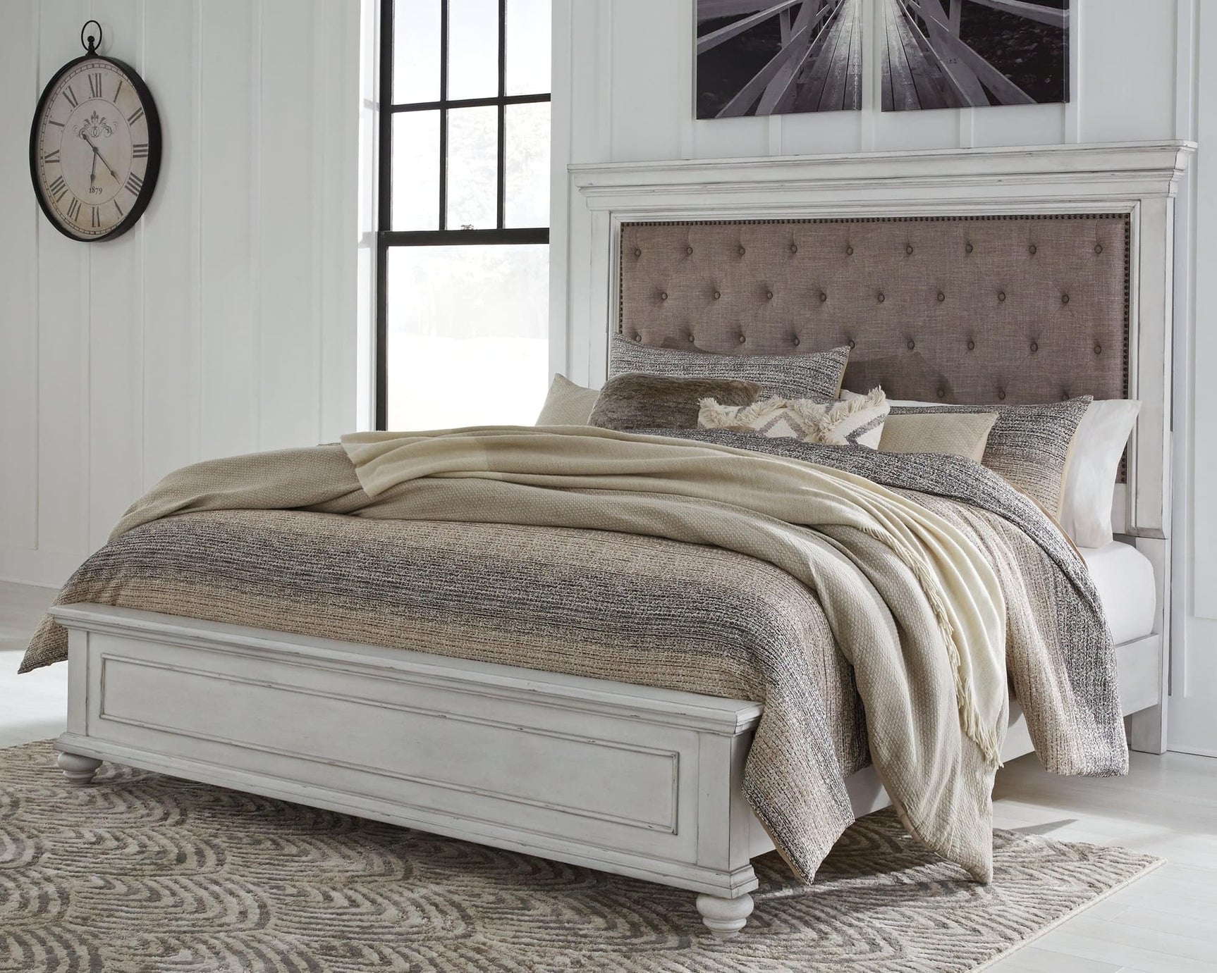 Kanwyn Whitewash King Upholstered Panel Bed Front View