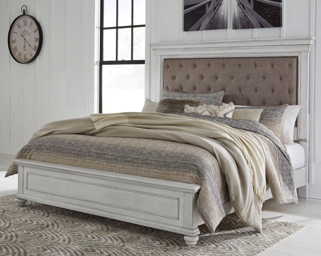 Kanwyn Whitewash King Upholstered Panel Bed Front View