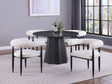 main view of Camden black round dining table with faux marble top and four black side chairs