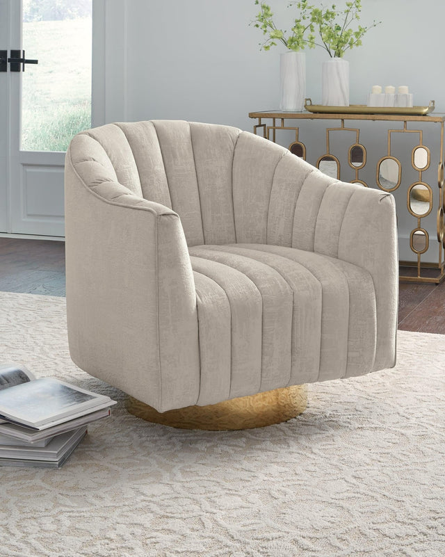 Penzlin Pearl Accent Chair angled view showing velvet upholstery and swivel base
