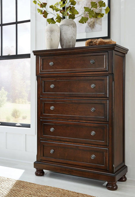 Porter Rustic Brown Chest of Drawers, front angle view