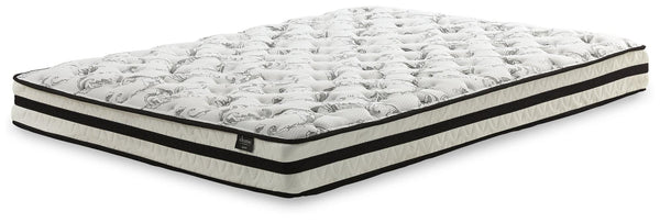 Full view of 8 Inch Chime Innerspring White Full Mattress in a Box on flat surface