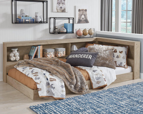 Oliah Natural Twin Bookcase Storage Bed front angle in natural finish