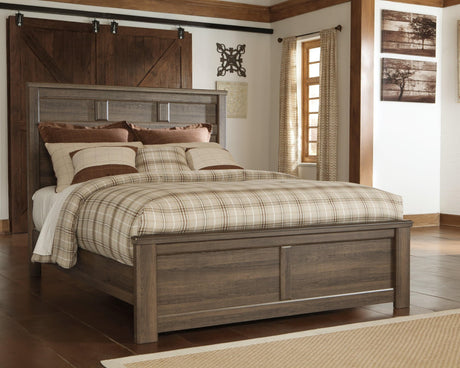 Juararo Dark Brown Queen Panel Bed front view with headboard and footboard