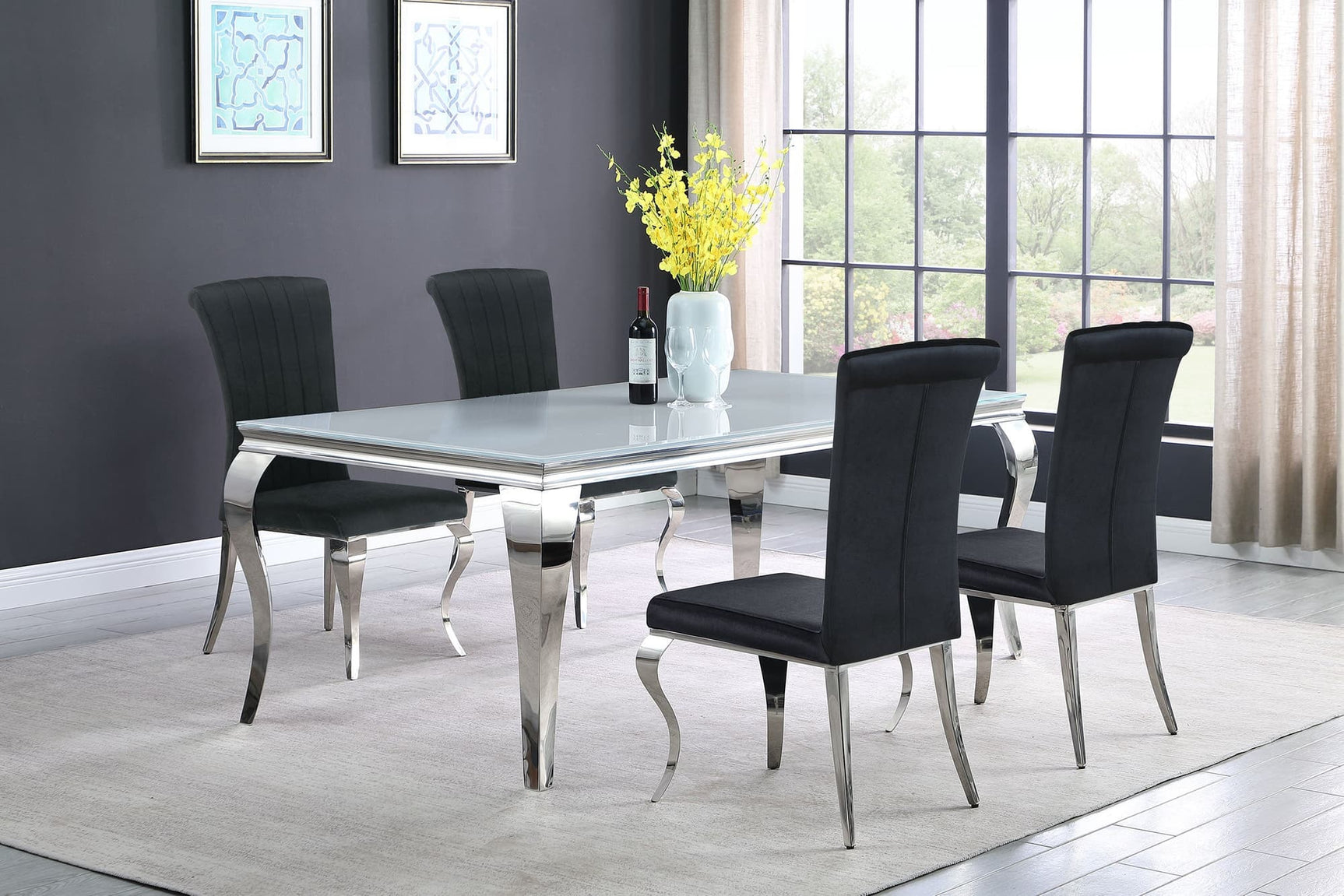 Main view of Carone white and black 81-inch rectangular glass dining table with 4 side chairs