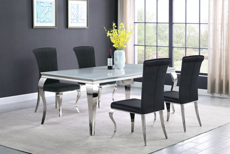 Main view of Carone white and black 81-inch rectangular glass dining table with 4 side chairs