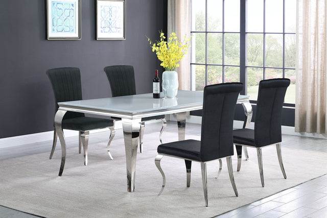 Main view of Carone white and black 81-inch rectangular glass dining table with 4 side chairs