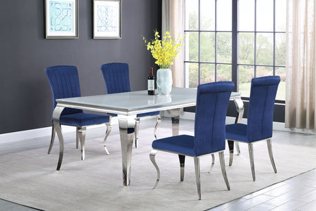 Carone white and blue 81-inch rectangular glass dining table front view