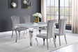 main view of Carone White Gray II 81-inch rectangular glass dining table with four side chairs