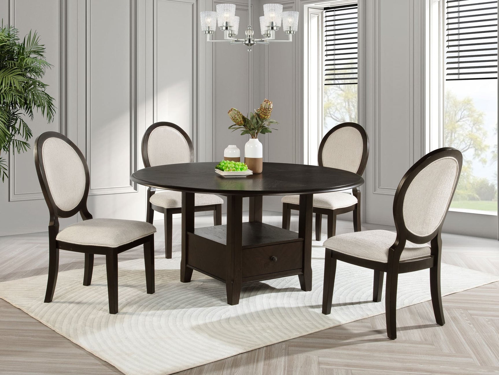 main view of Twyla Dark Cocoa 60-inch round wood dining table with four chairs