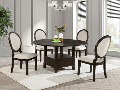 main view of Twyla Dark Cocoa 60-inch round wood dining table with four chairs