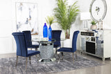 Main view of Ellie Ink Blue Mirrored Pedestal Dining Set dining table with 4 side chairs