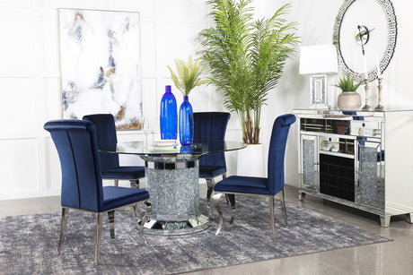Main view of Ellie Ink Blue Mirrored Pedestal Dining Set dining table with 4 side chairs