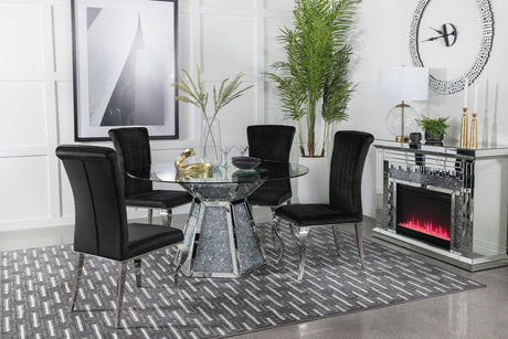 Quinn black round glass top dining table with mirrored accents, main view