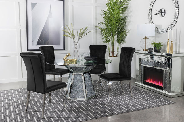 Quinn black round glass top dining table with mirrored accents, main view