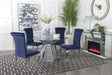 Quinn Ink Blue Round Glass Top Mirrored Dining Room Set main view with table and chairs