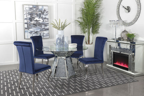 Quinn Ink Blue Round Glass Top Mirrored Dining Room Set main view with table and chairs