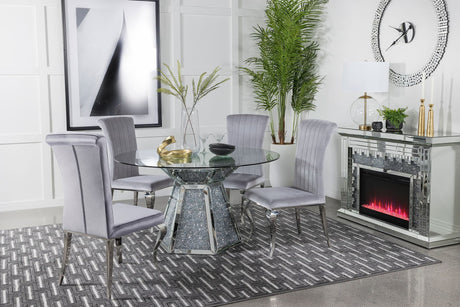 Quinn Gray Round Glass Top Mirrored Dining Room Set main view