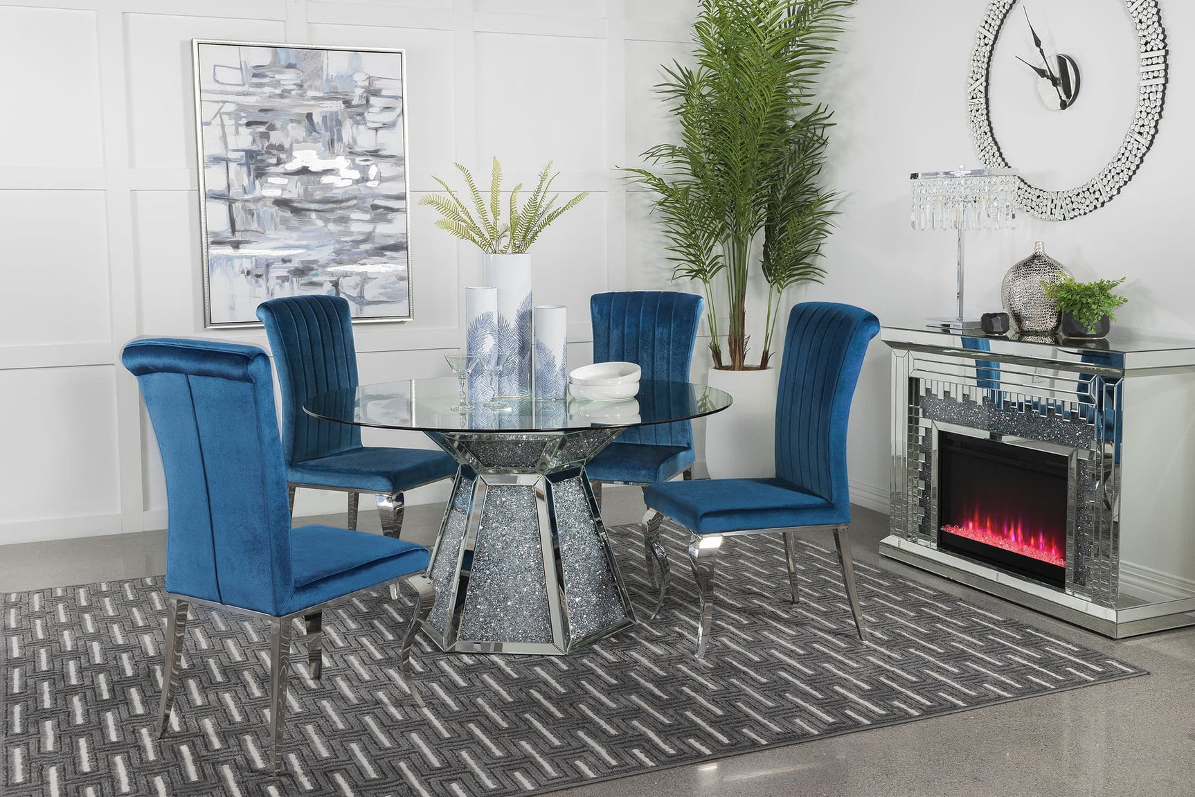 Quinn Teal Round Glass Top Mirrored Dining Room Set main view